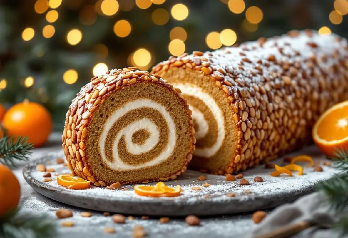 Bûche roulée de Noël façon Philippe Etchebest : praliné maison, ganache montée légère et croustillant d’amandes en robe dorée
