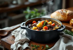 Bœuf mijoté en cocotte ultra fondant aux légumes, une recette familiale généreuse qui embaume la cuisine pendant des heures