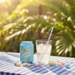 Canette de Bonbon Anglais Caprice et verre de limonade claire sur une table, ambiance tropicale malgache