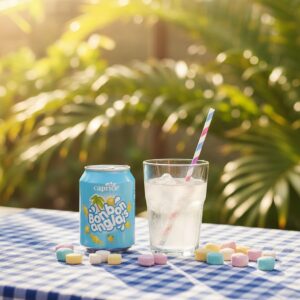 Canette de Bonbon Anglais Caprice et verre de limonade claire sur une table, ambiance tropicale malgache