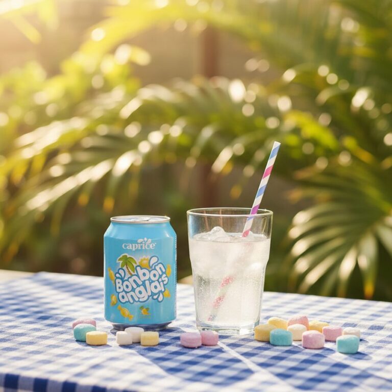 Top 8 des boissons de Madagascar à goûter Canette de Bonbon Anglais Caprice et verre de limonade claire sur une table, ambiance tropicale malgache